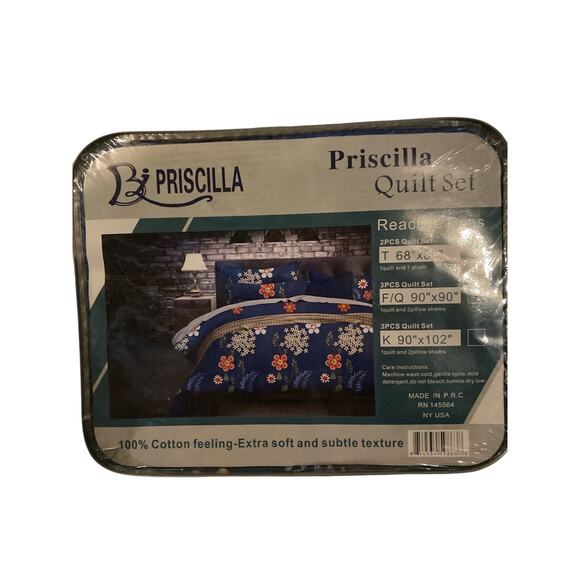 Priscilla 3 Piece F/Q Quilt Set Cotton Soft 2 Pillow Shams 90" x 90” - Picture 1 of 4